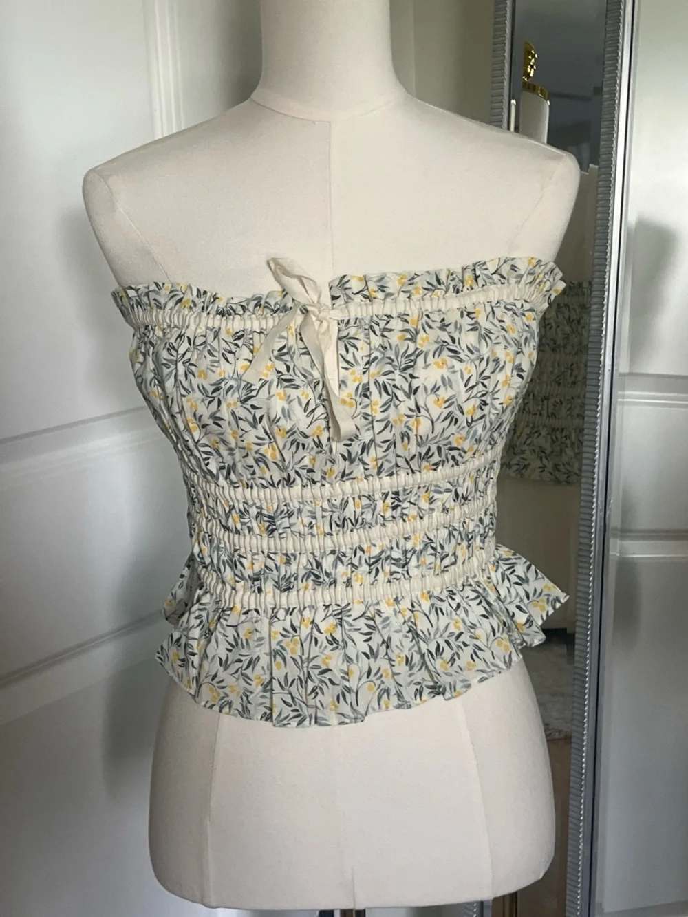 H&M Cream Floral Smocked Bandeau Top with Yellow Accents - Picture 3 of 8